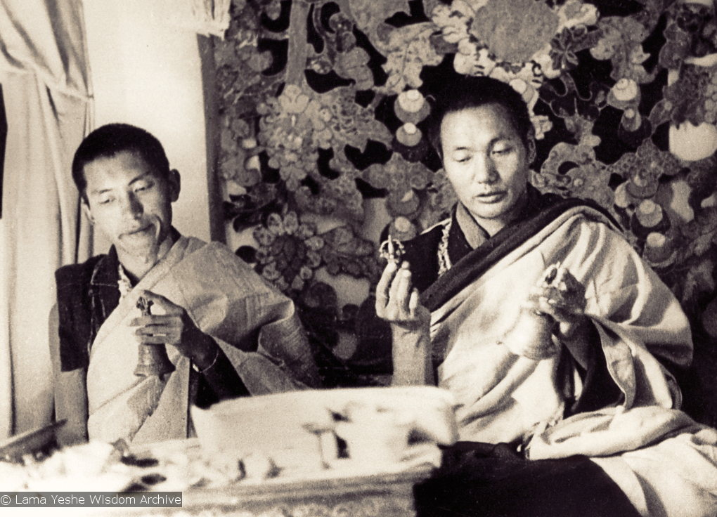 (07598_pr-2.psd) Lama Zopa Rinpoche  and Lama Yeshe doing puja (spiritual practice) in the &quot;old gompa&quot; (shrine room), Kopan Monastery, 1970.