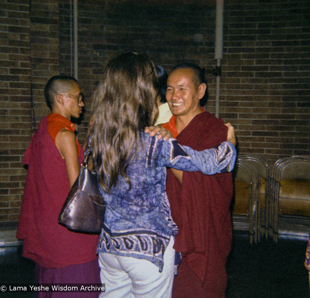 (09297_ng.JPG) Lama Yeshe at a teaching given at Columbia University. In July 1974, the lamas and Mummy Max arrived in New York City to begin the first international teaching tour of Lama Yeshe and Lama Zopa Rinpoche. They stayed at the apartment of Lynda Millspaugh on the Upper West side of Manhattan.