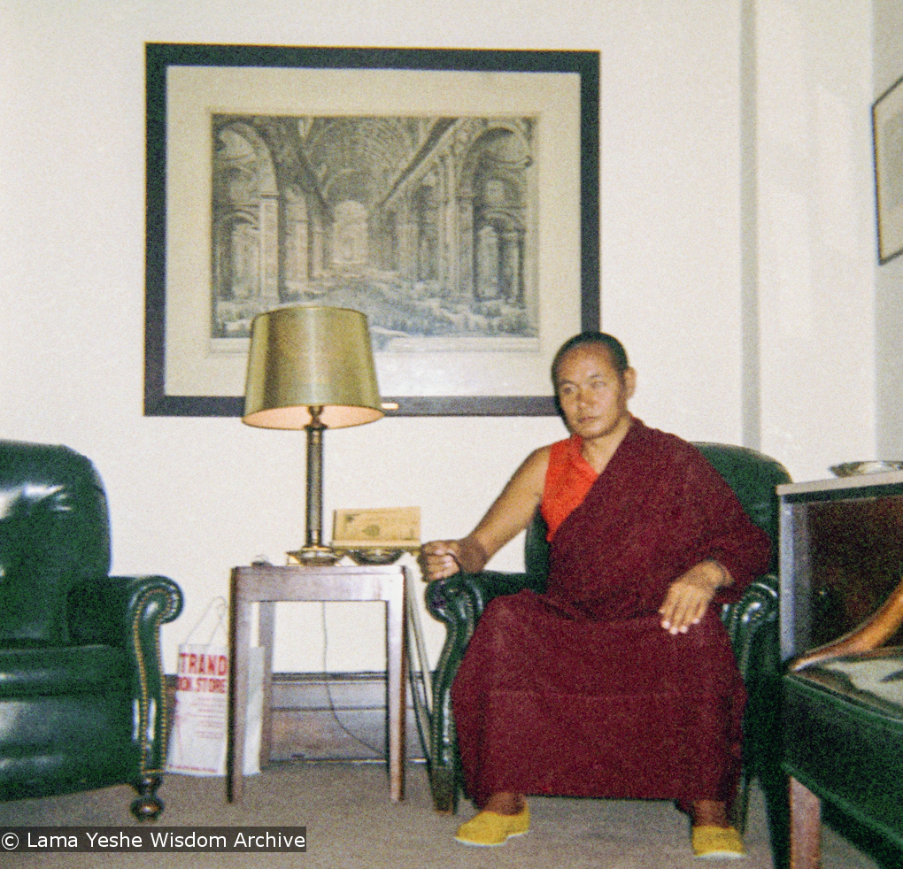 (09304_ng.JPG) Lama Yeshe at a teaching given at Columbia University. In July 1974, the lamas and Mummy Max arrived in New York City to begin the first international teaching tour of Lama Yeshe and Lama Zopa Rinpoche. They stayed at the apartment of Lynda Millspaugh on the Upper West side of Manhattan.