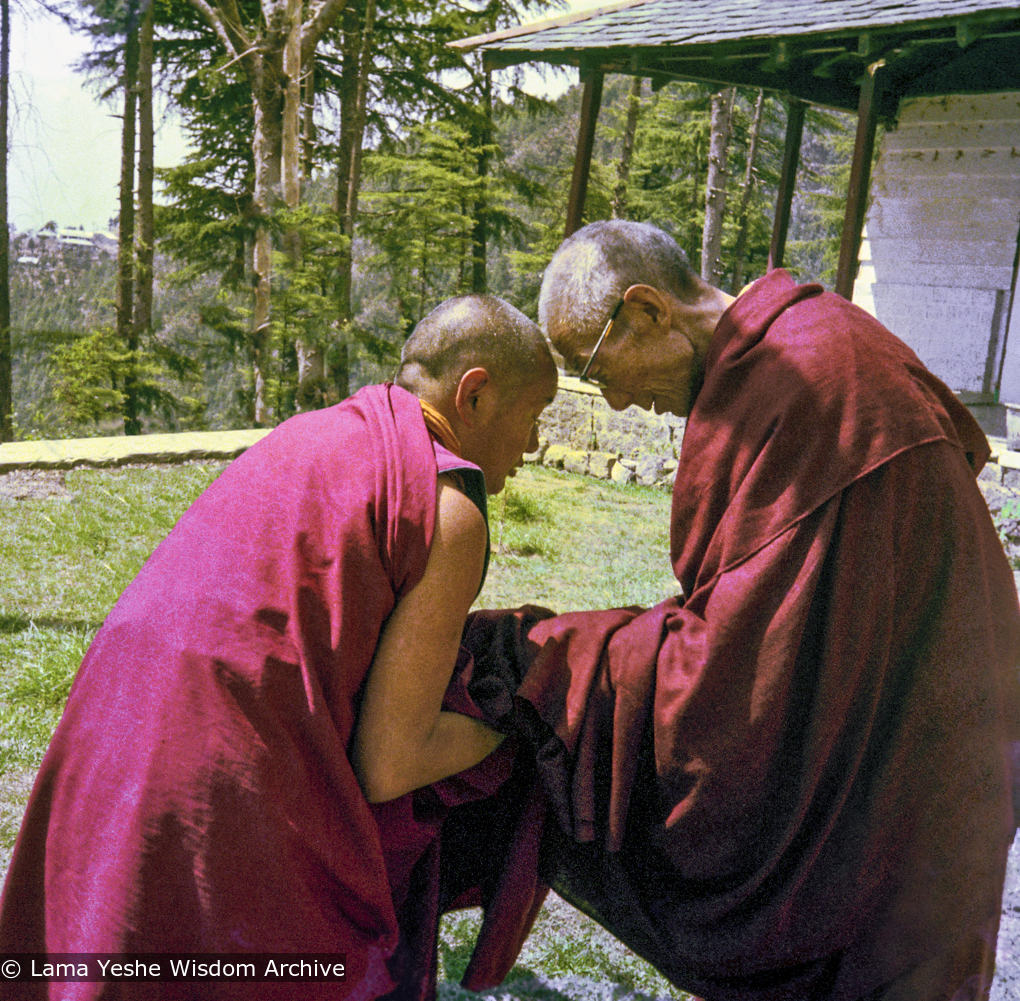 (09327_ng-3.psd) Lama Yeshe and HH Trijang Rinpoche, Tushita Retreat Centre, Dharamsala, India, 1976. In the spring of 1976, HH Trijang Rinpoche gave both novice (getsul) and full gelong ordination vows to a group of Lama Yeshe&#039;s students at Tushita Retreat Centre.