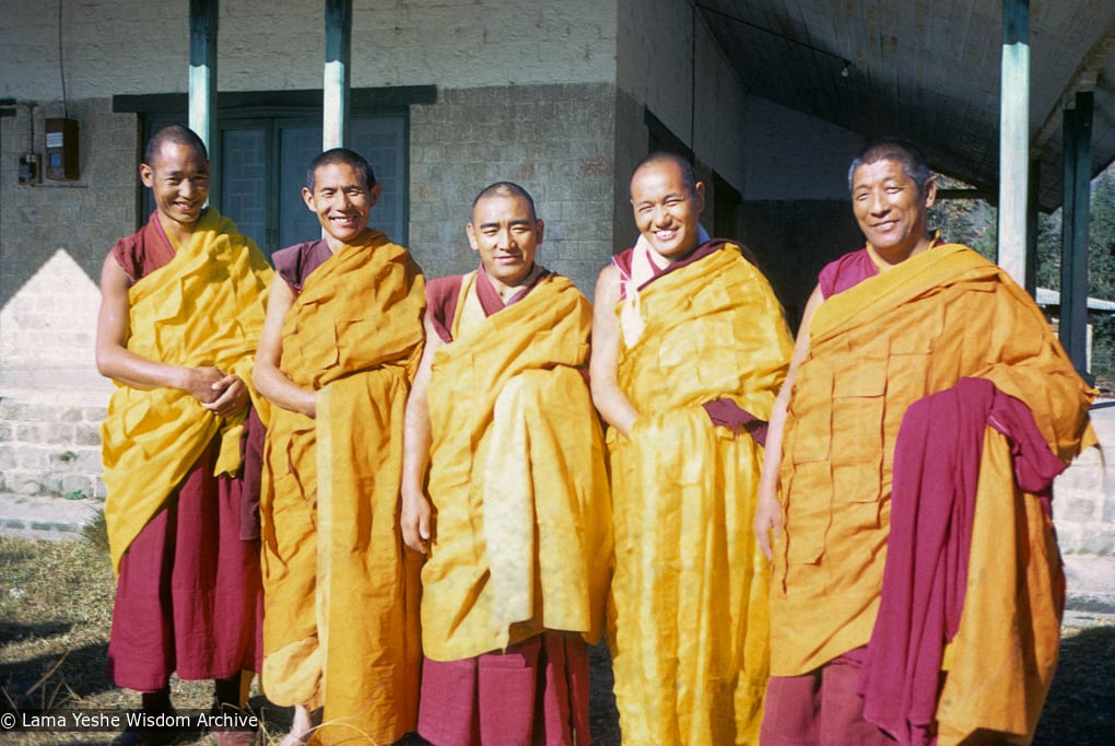 (09455_sl-2.psd) The lamas presiding over the first ordination of western students. On the far right is Geshe Rabten, and to his left is Lama Yeshe and Gen Jampa Wangdu. Dharamsala, India, 1970.