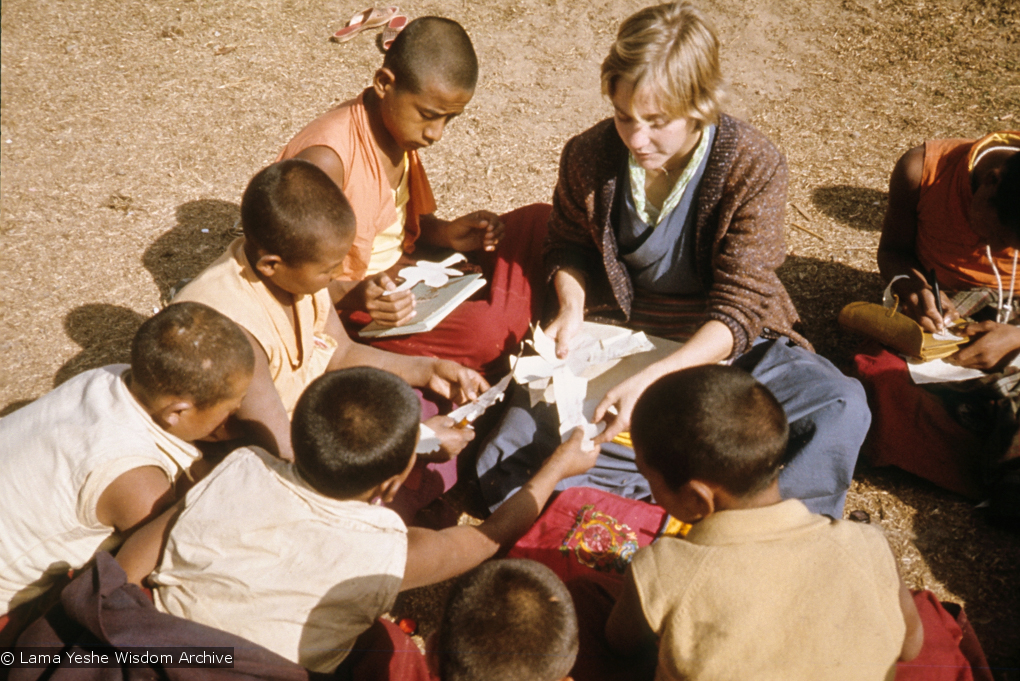 (09645_sl.JPG) Connie Miller, an American student, arrived on Christmas Day 1975 to stay at Kopan. These photos show her  teaching English to the Mount Everest Center students, Kopan Monastery, Nepal, 1976.