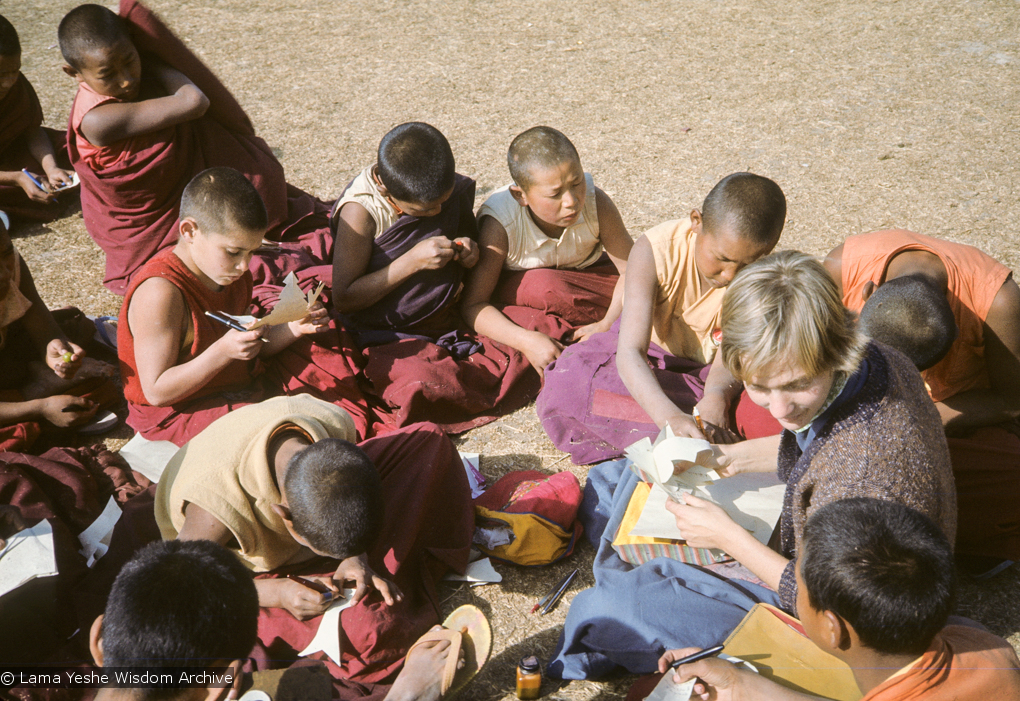 (09757_sl.JPG) Connie Miller, an American student, arrived on Christmas Day 1975 to stay at Kopan. These photos show her  teaching English to the Mount Everest Center students, Kopan Monastery, Nepal, 1976.