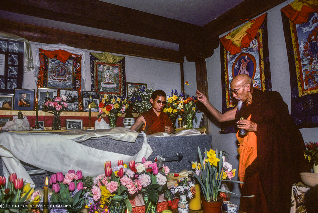 (09960_sl.JPG) Zong Rinpoche during a cycle of pujas that were done for Lama Yeshe before the formal cremation, Vajrapani Institute, California, 1984. Photo by Ricardo de Aratanha.