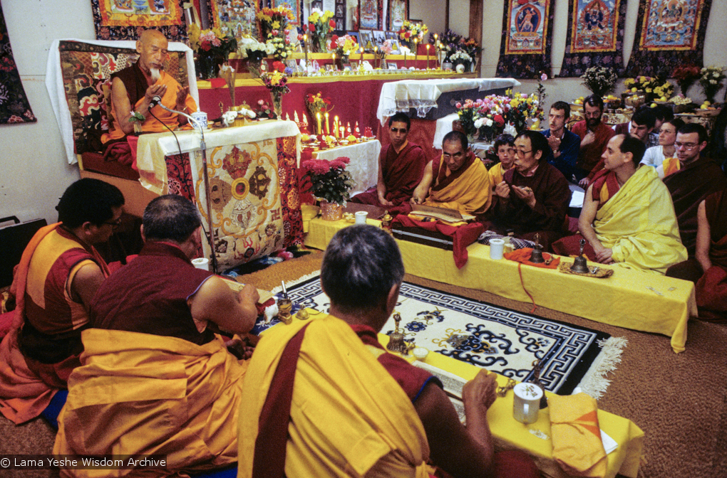 (09961_sl.JPG) A cycle of pujas were done for Lama Yeshe before the formal cremation, Vajrapani Institute, California, 1984. Photo by Ricardo de Aratanha.