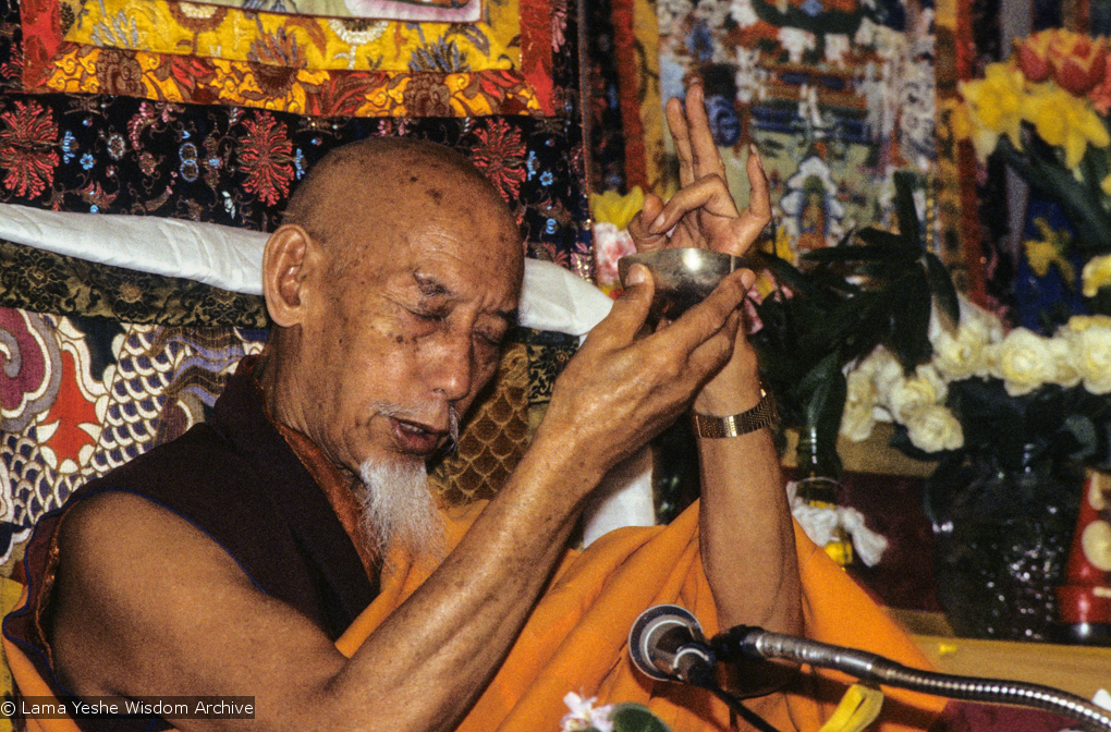 (09962_sl.JPG) Zong Rinpoche during a cycle of pujas that were done for Lama Yeshe before the formal cremation, Vajrapani Institute, California, 1984. Photo by Ricardo de Aratanha.