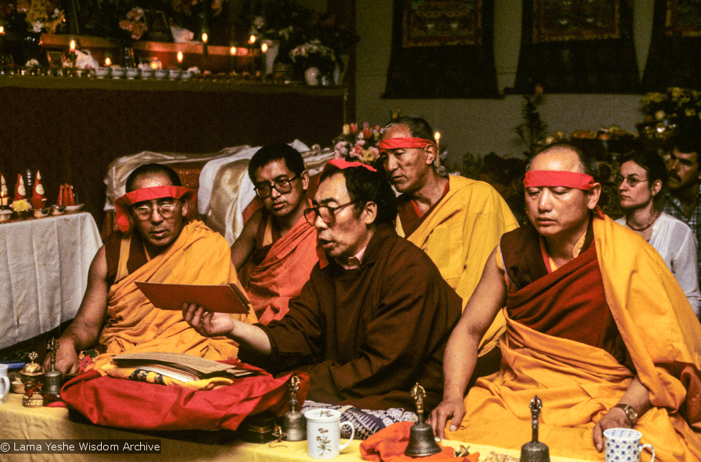 (09963_sl.JPG) A cycle of pujas were done for Lama Yeshe before the formal cremation, Vajrapani Institute, California, 1984. Photo includes Geshe Sopa, Lama Zopa Rinpoche, Geshe Gyeltsen, Geshe Thinley, and Geshe Lobsang Gyatso. Photo by Ricardo de Aratanha.