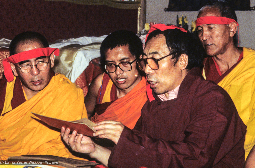 (09964_sl.JPG) A cycle of pujas were done for Lama Yeshe before the formal cremation, Vajrapani Institute, California, 1984. Photo includes Geshe Sopa, Lama Zopa Rinpoche, Geshe Gyeltsen, and Geshe Thinley.  Photo by Ricardo de Aratanha.