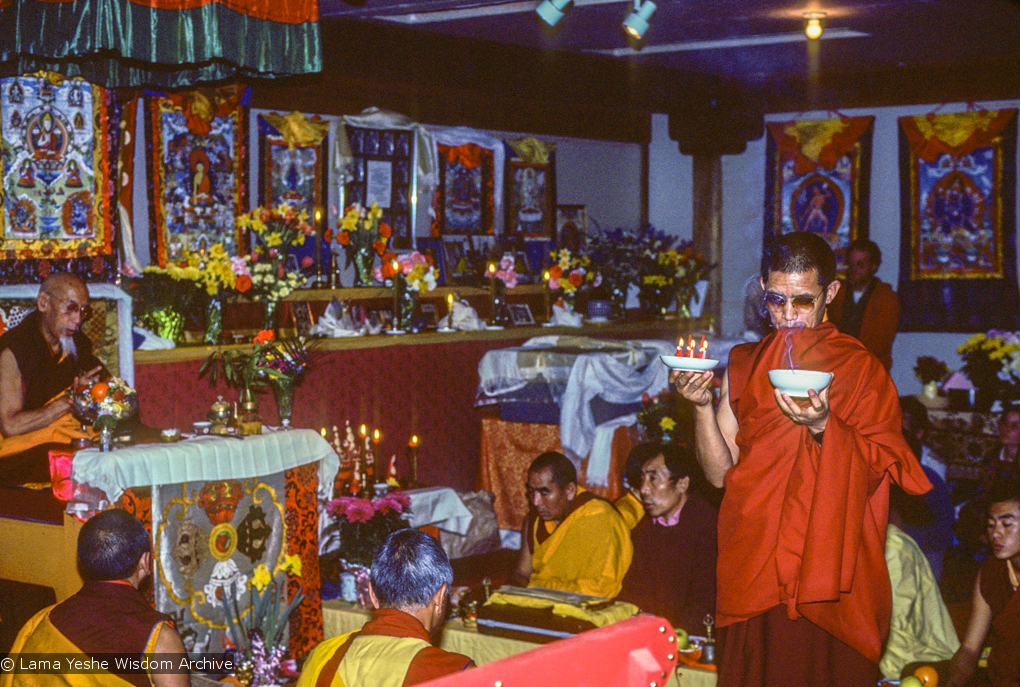 (09970_sl.JPG) A cycle of pujas were done for Lama Yeshe before the formal cremation, Vajrapani Institute, California, 1984. Photo by Ricardo de Aratanha.