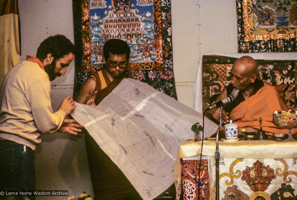 (09971_sl.JPG) A cycle of pujas were done for Lama Yeshe before the formal cremation, Vajrapani Institute, California, 1984. Photo includes Lama Zopa Rinpoche, Chuck Thomas, and Zong Rinpoche. Photo by Ricardo de Aratanha.