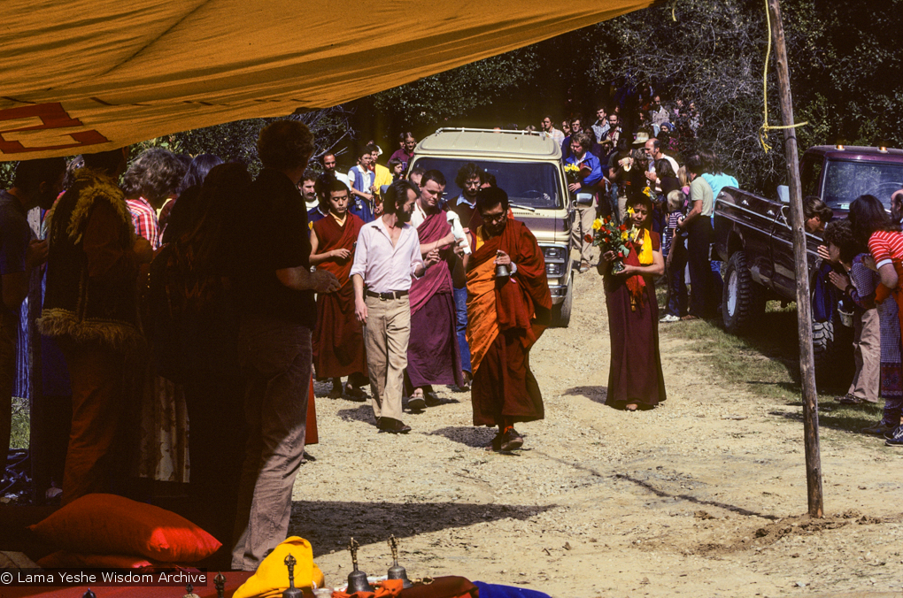 (10024_sl.JPG) Lama Zopa Rinpoche leading the procession to the cremation of Lama Yeshe at Vajrapani Institute, California in March of 1984. Photo by Ricardo de Aratanha.