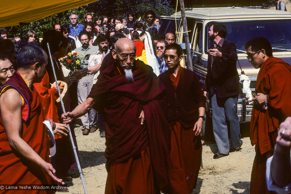 (10025_sl.JPG) Zong Rinpoche arrives at the cremation of Lama Yeshe at Vajrapani Institute, California in March of 1984. Photo by Ricardo de Aratanha.