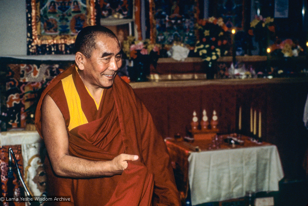 (10173_sl.JPG) Geshe Sopa during a cycle of pujas that were done for Lama Yeshe before the formal cremation, Vajrapani Institute, California, 1984. Photo by Ricardo de Aratanha.