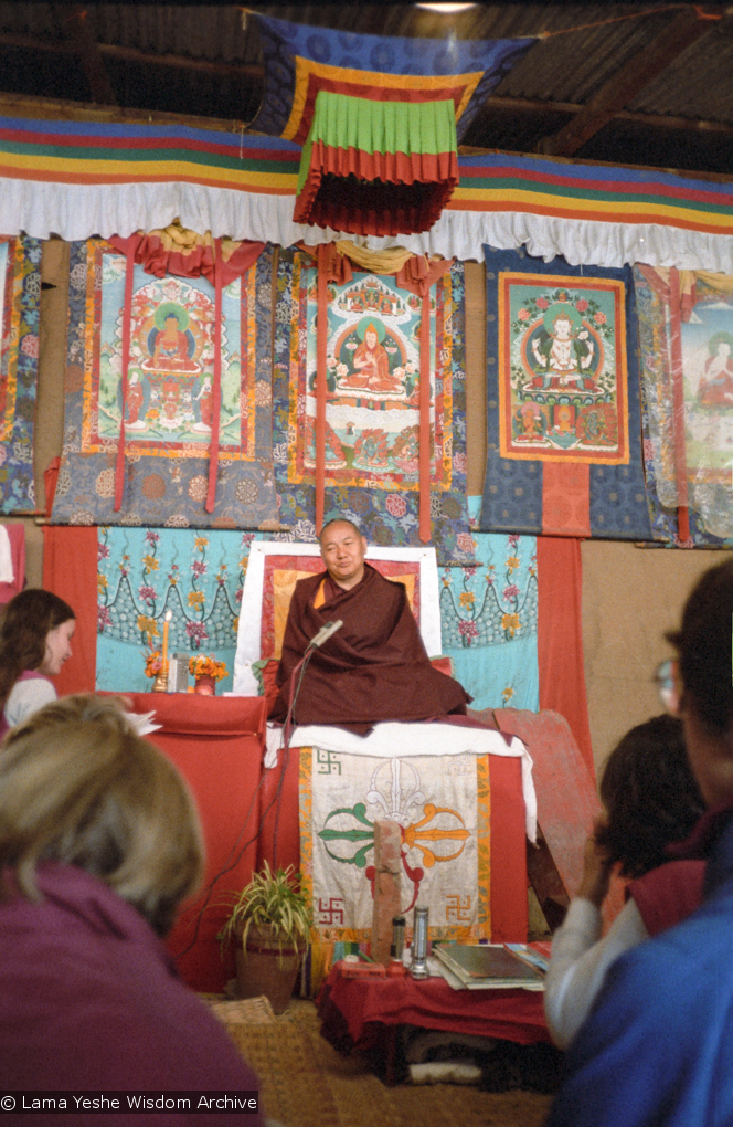 (10235_ng.JPG) Lama Yeshe giving final teaching at Kopan Monastery, Nepal, 1983. Photo by Wendy Finster.