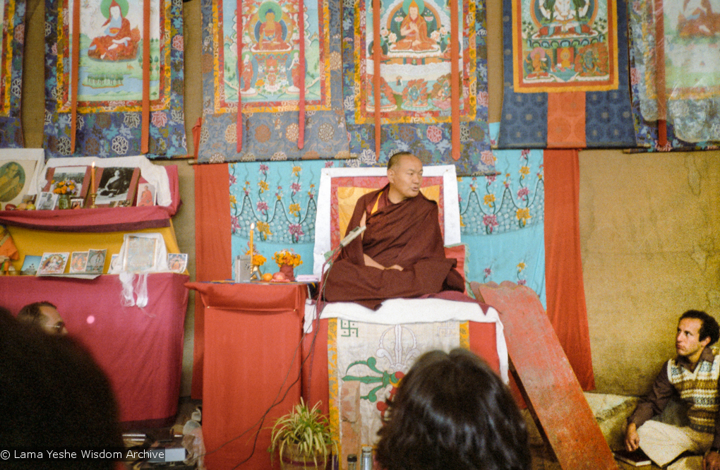 (10236_ng.JPG) Lama Yeshe giving final teaching at Kopan Monastery, Nepal, 1983. Photo by Wendy Finster.