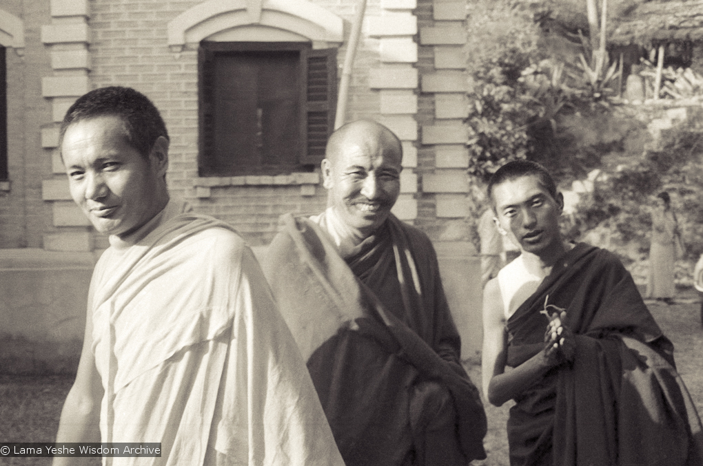 (10264_ng-2.psd) Photo of Lama Yeshe, Geshe Thubten Tashi and Lama Zopa Rinpoche taken at Kopan Monastery at the end of the first meditation course, Nepal, 1971. Photo by Fred von Allmen