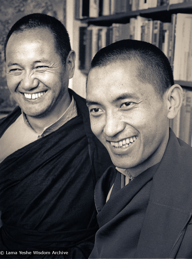 (10402_pr-3.tif) Lama Yeshe and Lama Zopa Rinpoche, New Zealand. On the 7th of June 1975, the Auckland Herald carried this wonderful portrait of both lamas on its front page. Two hundred and fifty people attended their public lecture.