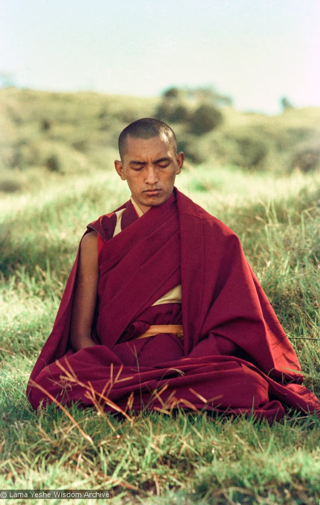 (10481_ng.JPG) Lama Zopa Rinpoche in meditation, 1975. On Saka Dawa (the celebration of Buddha&#039;s birth, enlightenment, and death), Lama Yeshe asked everyone to come outside after a Guru Puja for a meditation on the hill behind the gompa. Chenrezig Institute, Australia, May 25, 1975. Photo by Wendy Finster.