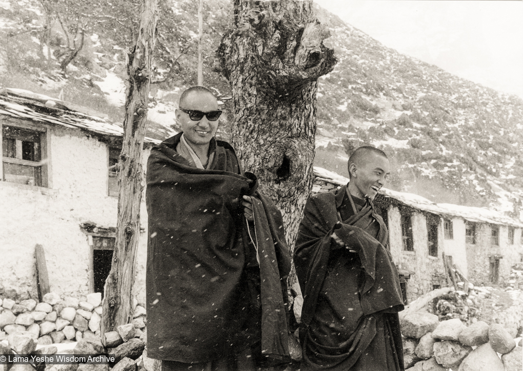 (12028_pr-3.psd) Lama Yeshe (left) and Lama Zopa Rinpoche at Thangme. Photo from the first trek to Lawudo Retreat Center in Nepal, spring of 1969. Lawudo was the hermitage of the Lawudo Lama, the former incarnation of Lama Zopa Rinpoche. Photos by George Luneau.