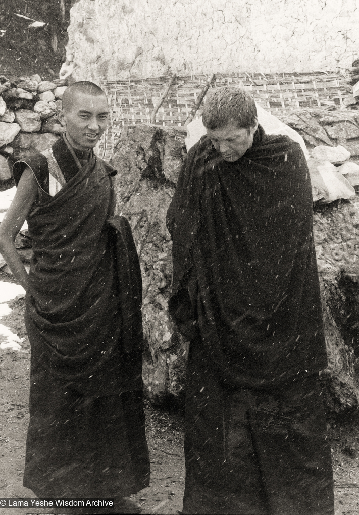 (12030_pr2.jpg) Lama Zopa Rinpoche (left) and Zina Rachevsky at Thangme. Photo from the first trek to Lawudo Retreat Center in Nepal, spring of 1969. Lawudo was the hermitage of the Lawudo Lama, the former incarnation of Lama Zopa Rinpoche. Photos by George Luneau. (Photo used with permission of the estate of Zina Rachevsky.)