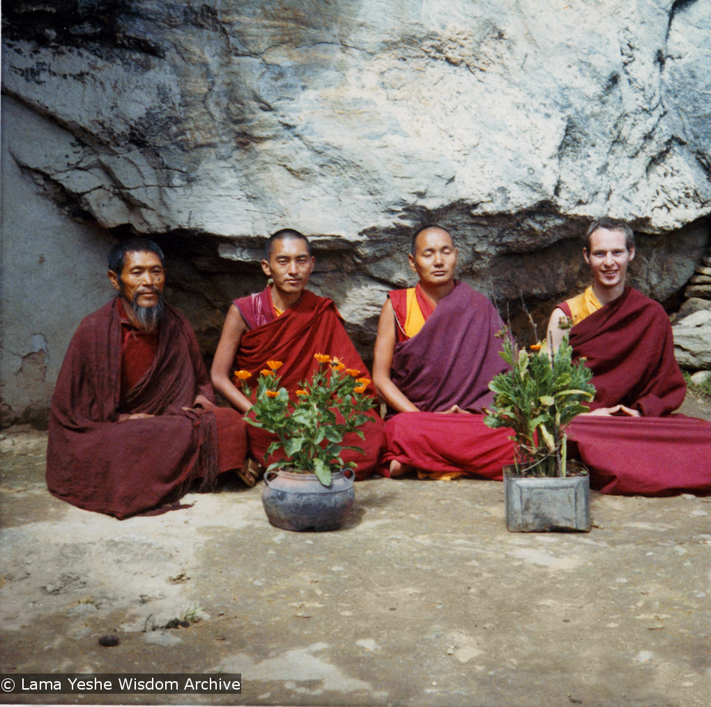 (12031_pr-3.psd) At the Lawudo Lama&#039;s cave, Nepal, 1972. From the left to right: unknown monk, Lama Zopa, Lama Yeshe, Jhampa Zangpo (Mark Shaneman).