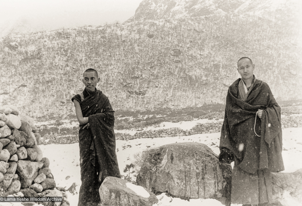 (12035_pr-3.psd) Lama Zopa Rinpoche (left) and Lama Yeshe at Thangme. Photo from the first trek to Lawudo Retreat Center in Nepal, spring of 1969. Lawudo was the hermitage of the Lawudo Lama, the former incarnation of Lama Zopa Rinpoche. Photos by George Luneau.