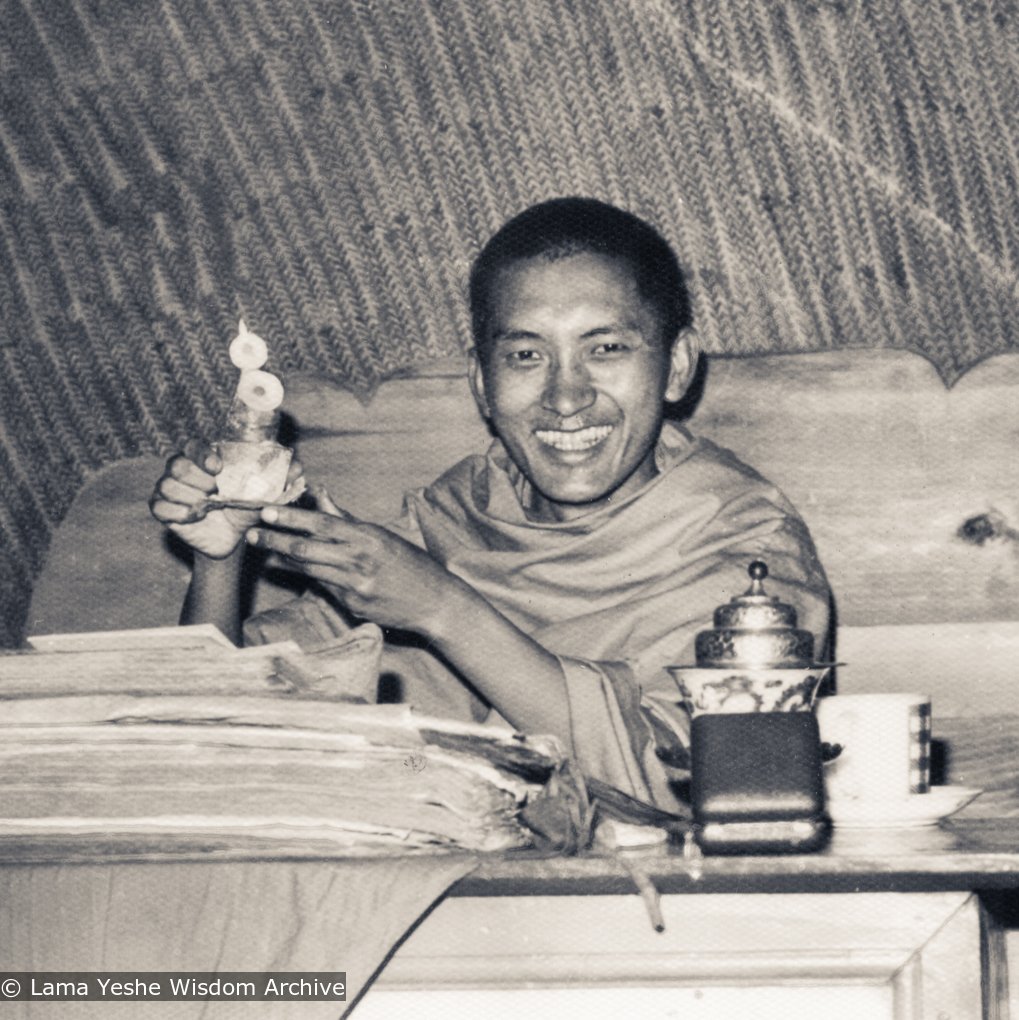 (12411_pr-3.psd) Lama Zopa Rinpoche in the cave of the Lawudo Lama, his previous incarnation, 1970. Lawudo Retreat Centre. Robbie Solick (photographer)