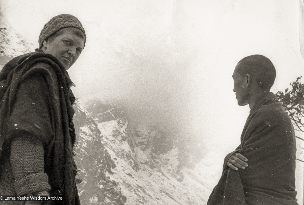 (12495_pr-2.psd) Lama Zopa Rinpoche (right) and Zina Rachevsky at Thangme. Photo from the first trek to Lawudo Retreat Center in Nepal, spring of 1969. Lawudo was the hermitage of the Lawudo Lama, the former incarnation of Lama Zopa Rinpoche. Photos by George Luneau. (Photo used with permission of the estate of Zina Rachevsky.)