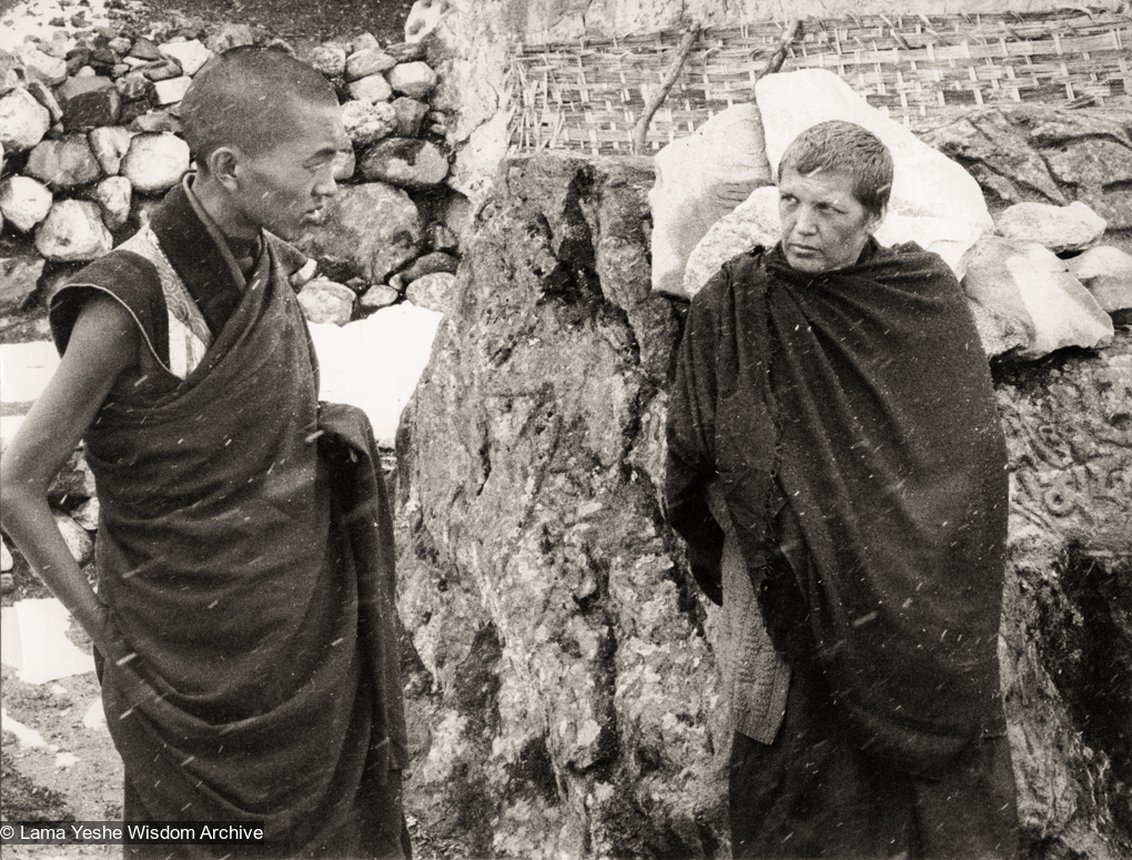 (12498_pr-2.psd) Lama Zopa Rinpoche (left) and Zina Rachevsky. Photo from the first trek to Lawudo Retreat Center in Nepal, spring of 1969. Lawudo was the hermitage of the Lawudo Lama, the former incarnation of Lama Zopa Rinpoche. Photos by George Luneau. (Photo used with permission of the estate of Zina Rachevsky.)