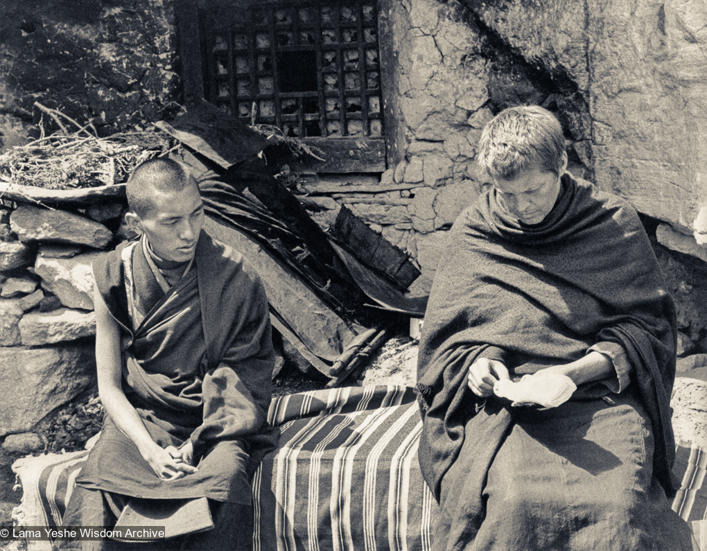 (12501_pr-2.psd) Lama Zopa Rinpoche (left) and Zina Rachevsky outside the cave of the Lawudo Lama. Photo from the first trek to Lawudo Retreat Center in Nepal, spring of 1969. Lawudo was the hermitage of the Lawudo Lama, the former incarnation of Lama Zopa Rinpoche. Photos by George Luneau. (Photo used with permission of the estate of Zina Rachevsky.)