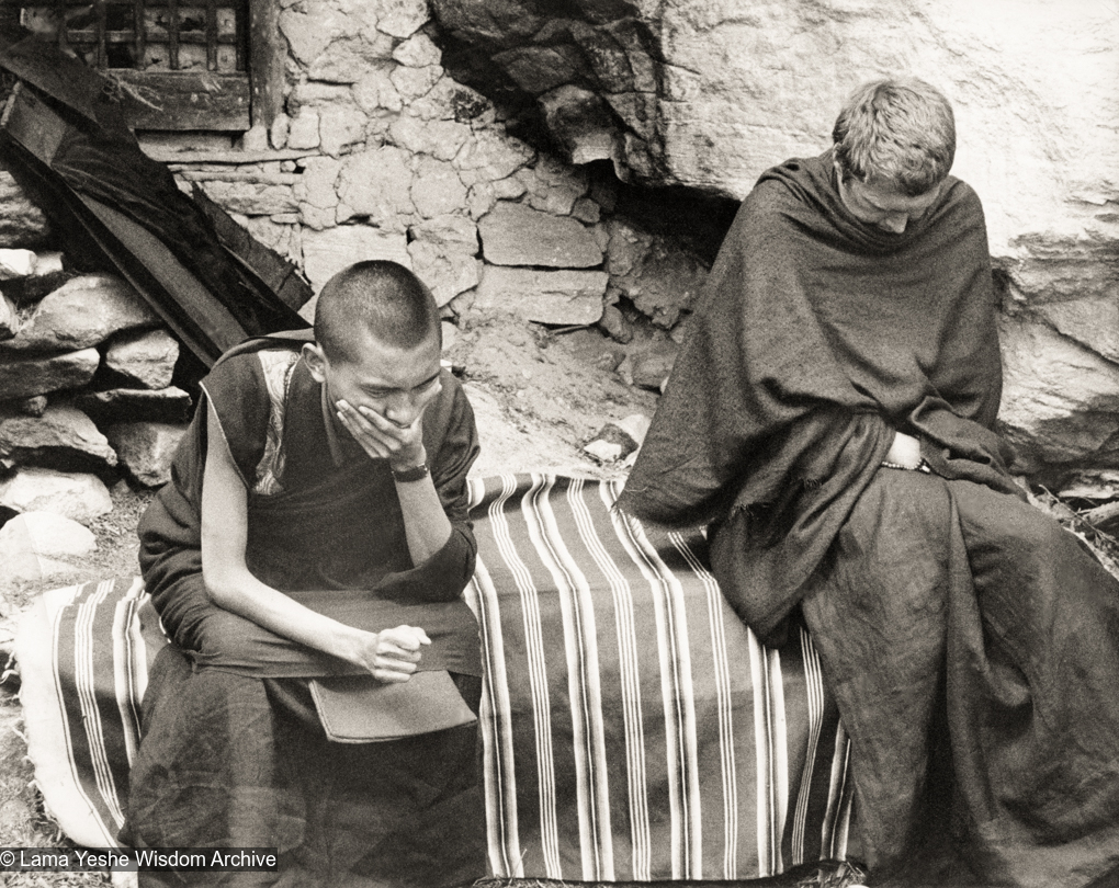 (12502_pr-2.psd) Lama Zopa Rinpoche (left) and Zina Rachevsky. Photo from the first trek to Lawudo Retreat Center in Nepal, spring of 1969. Lawudo was the hermitage of the Lawudo Lama, the former incarnation of Lama Zopa Rinpoche. Photos by George Luneau. (Photo used with permission of the estate of Zina Rachevsky.)