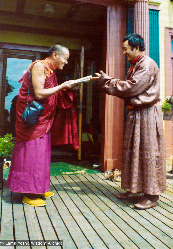 (12535_pr-2.psd) Lama Yeshe meeting Tarthang Tulku in Berkeley, California, 1974. Photo donated by Judy Weitzner.