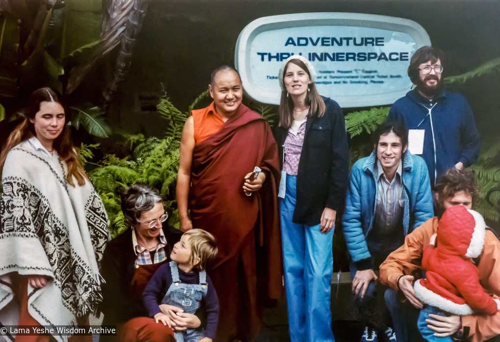 (12544_pr-3.psd) From the right: Shasta Wallace in poncho, unknown person with child, Lama Yeshe, Judy Weitzner, Louis Gross in blue jacket (Sharon Gross&#039; husband), Doren Harper in dark blue jacket far right, unknown person with child, Disneyland, CA, 1977. Judy Weitzner (donor)