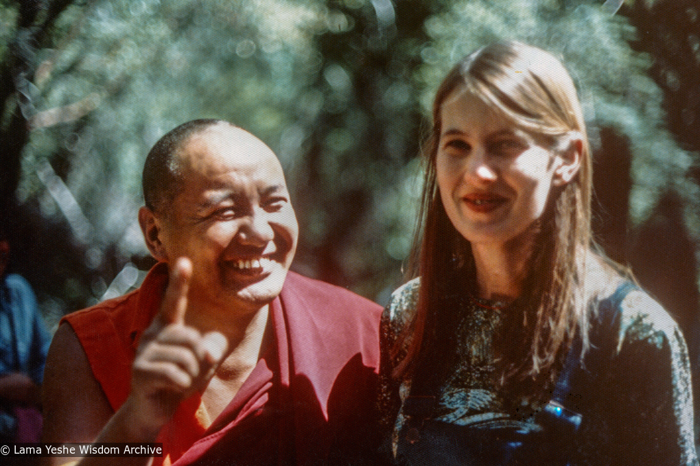 (12548_pr-3.psd) Lama Yeshe and Judy Weitzner on the land of Vajrapani Institute, CA, 1977. Judy Weitzner (donor)