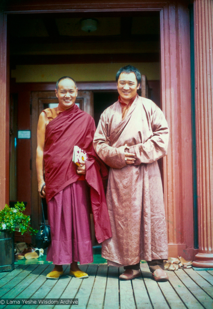 (12566_pr-2.psd) Lama Yeshe meeting Tarthang Tulku in Berkeley, California, 1974. Photo donated by Judy Weitzner.