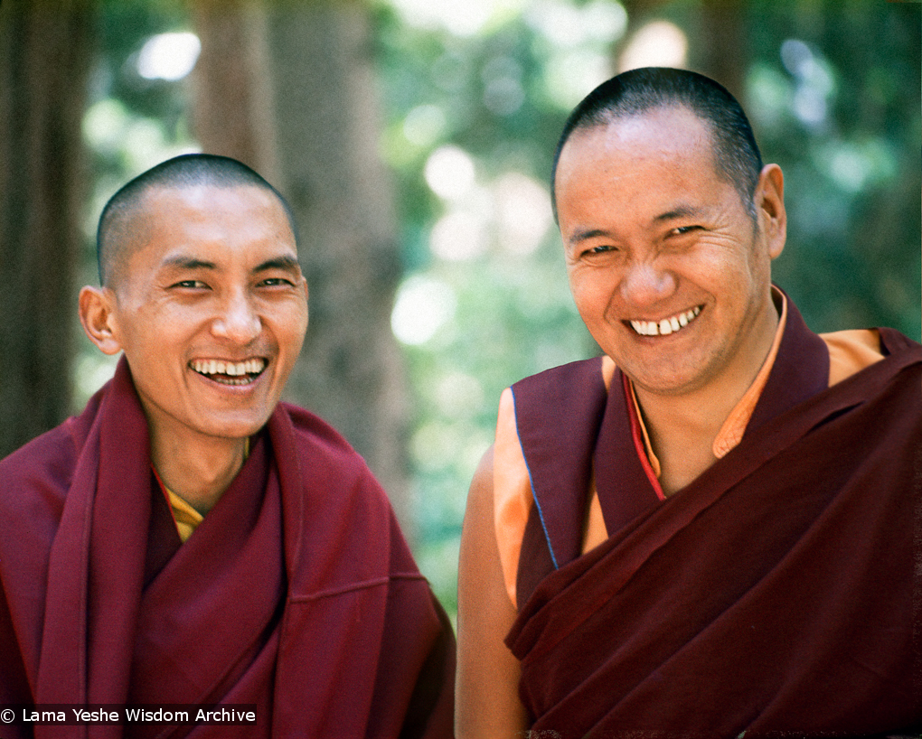 Lama Zopa Rinpoche and Lama Yeshe, Lake Arrowhead, 1975. Photo: Carol Royce-Wilder.