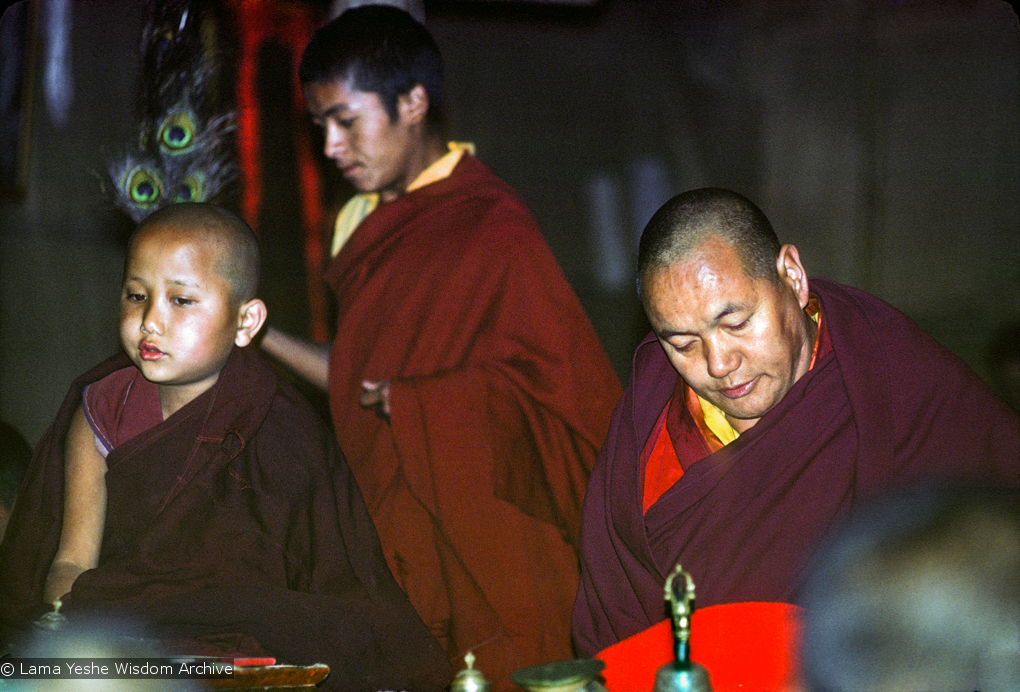 (12735_sl-2.psd) Yangsi Rinpoche and Lama Yeshe doing puja, Kopan Monastery, Nepal, 1976. Photo by Jon Landaw.