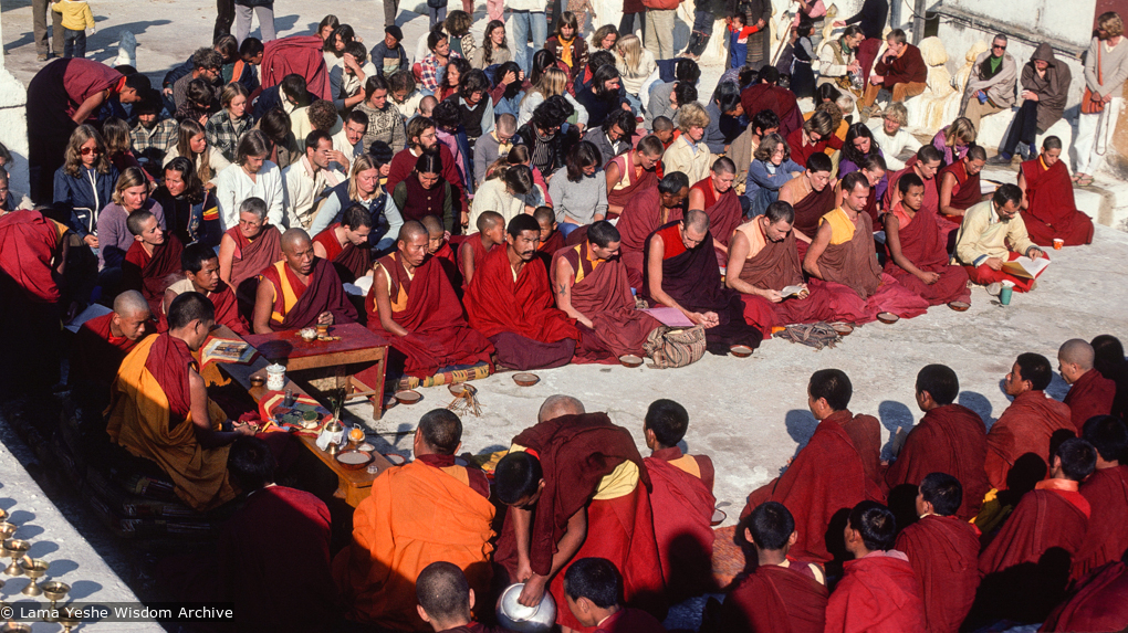 (12833_sl-3.jpg) Sangha doing puja at Boudhanath, Nepal, 1979. Murray Wright (photographer)