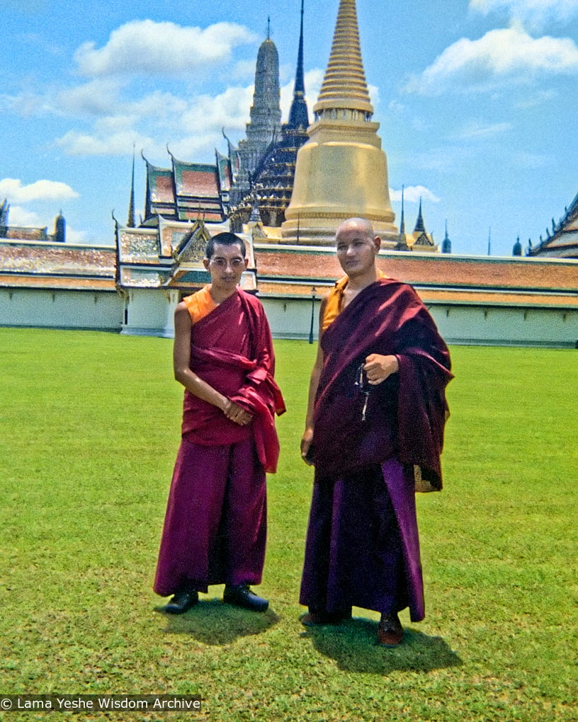 Lama Zopa Rinpoche and Lama Yeshe visit the Jade Buddha Temple, Bangkok, 1974.