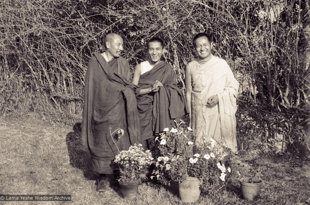 (13205_ud-2.psd) Portrait photo of Geshe Thubten Tashi, Lama Zopa Rinpoche and Lama Yeshe taken at Kopan Monastery at the end of the first meditation course, Nepal, 1971. Photo by Fred von Allmen.