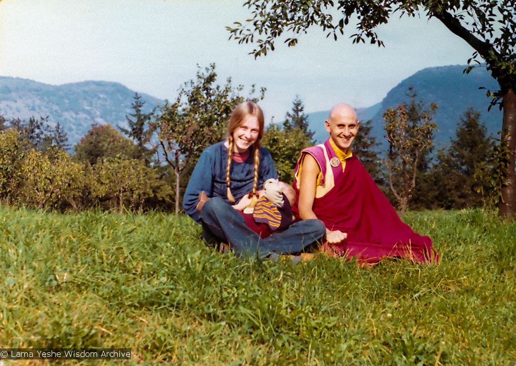 (13289_pr.tif) Alison Ribush (Nick&#039;s sister-in-law) with her baby Kalu, and Nick Ribush at a week-long course at Eupilio, near Como, Italy, 1975. Photo by Dorian Ribush.