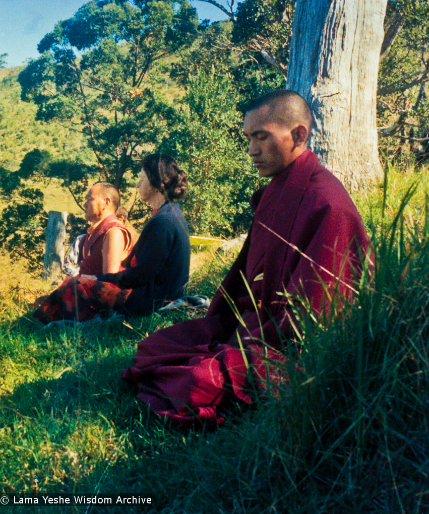 (13330_pr-2.psd) Lama Yeshe, Beatrice Ribush, and Lama Zopa Rinpoche in meditation. On Saka Dawa (the celebration of Buddha&#039;s birth, enlightenment, and death), Lama Yeshe asked everyone to come outside after a Guru Puja for a meditation on the hill behind the gompa. Chenrezig Institute, Australia, May 25, 1975. Photo by Wendy Finster.
