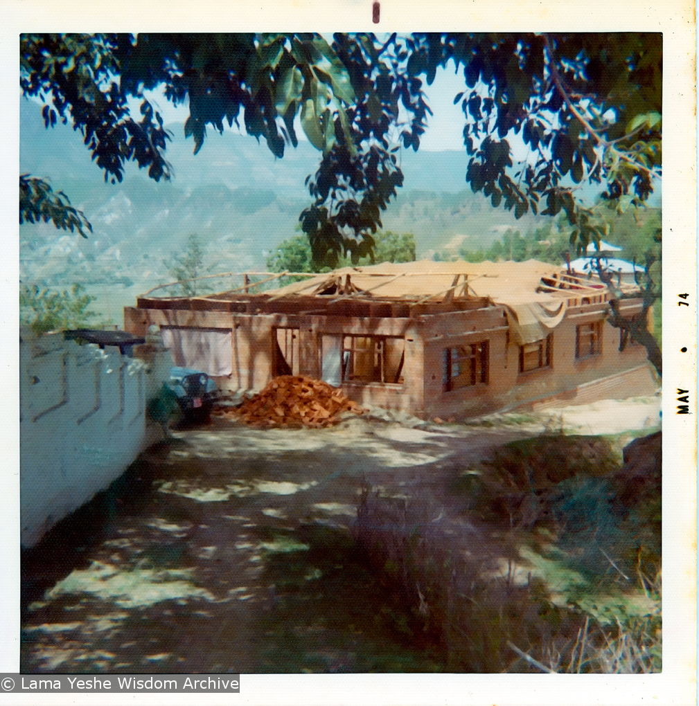 (13532_pr2-Edit.psd) A photo showing construction of the new dining room, classroom and office complex at Kopan Monastery, Nepal, 1974.