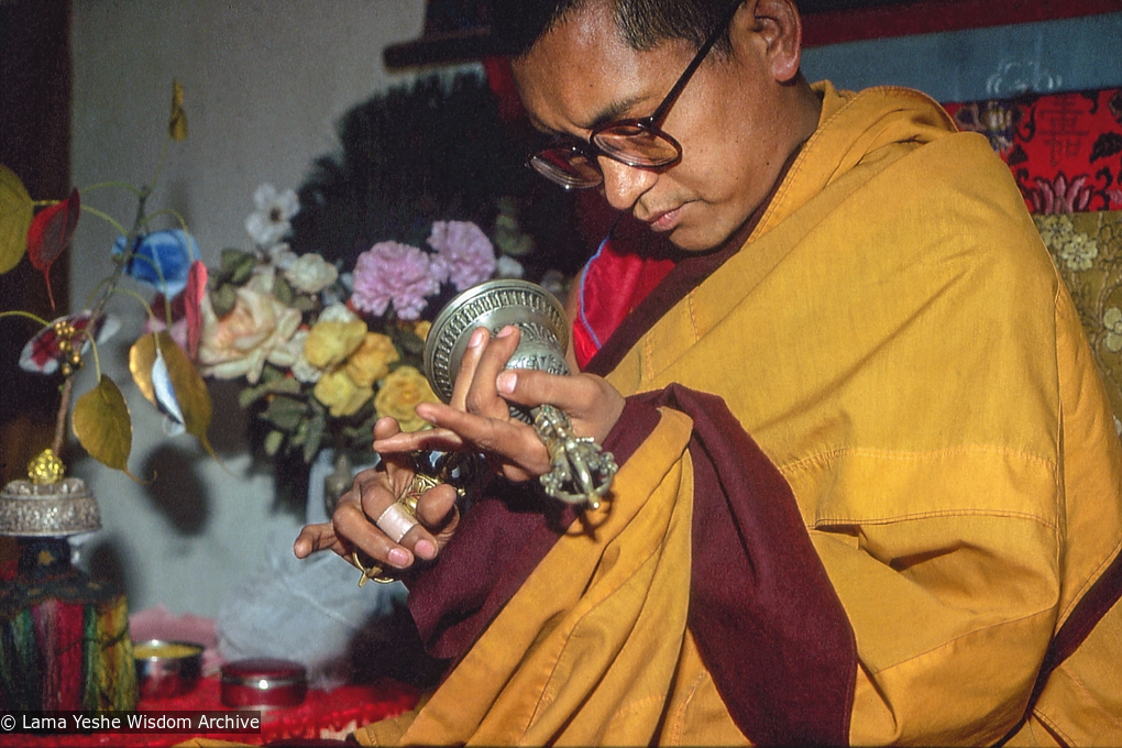 Lama Zopa Rinpoche doing puja, Bodhgaya, India, 1982. Dieter Kratzer (photographer)