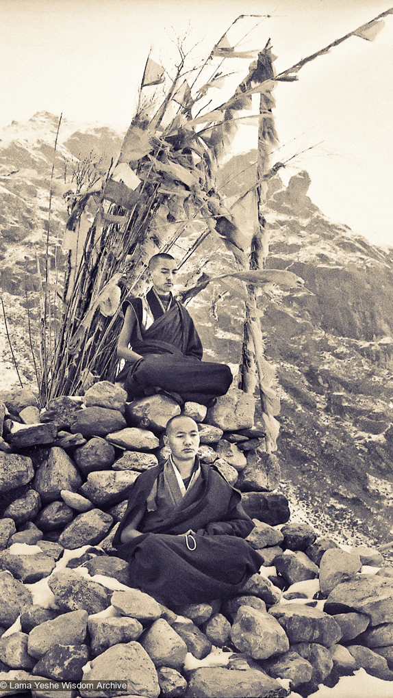 (13896_ud.psd) Lama Zopa Rinpoche (top) and Lama Yeshe meditating. Photo from the first trek to Lawudo Retreat Center in Nepal, spring of 1969. Lawudo was the hermitage of the Lawudo Lama, the former incarnation of Lama Zopa Rinpoche. Photos by George Luneau.