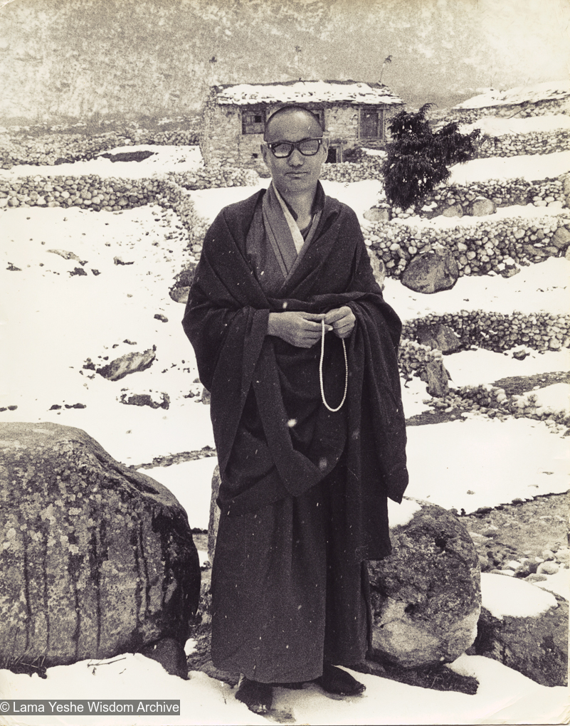 (15045_pr.jpg) Lama Yeshe at Thangme. Photo from the first trek to Lawudo Retreat Center in Nepal, spring of 1969. Lawudo was the hermitage of the Lawudo Lama, the former incarnation of Lama Zopa Rinpoche. Photos by George Luneau.