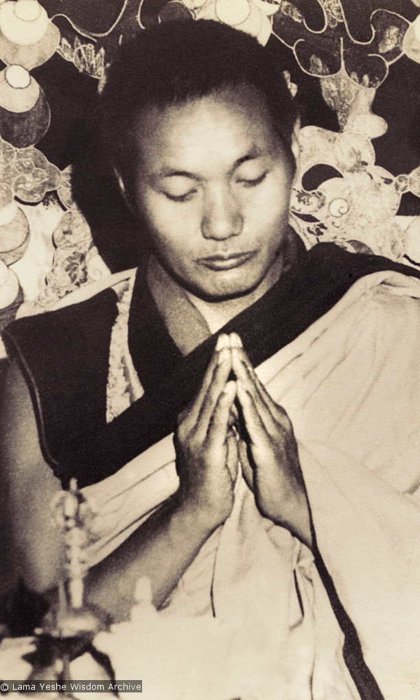 (15066_pr-2.psd) Lama Yeshe doing puja (spiritual practice) in the &quot;old gompa&quot; (shrine room), Kopan Monastery, 1970.