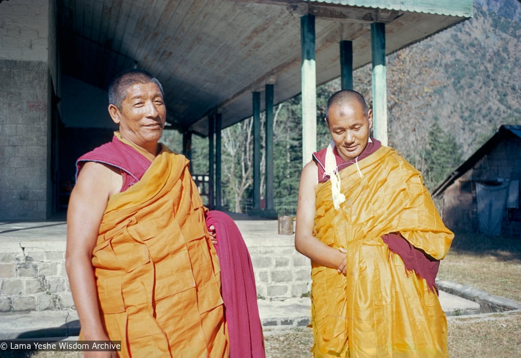 (15067_sl-4.psd) Geshe Rabten and Lama Yeshe after the first ordination of a group of western students, Dharamsala, India, 1970. The smudge on Lama&#039;s forehead is from prostrating to his teacher, Geshe Rabten.