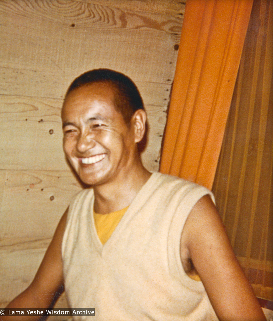 (15069_pr-1.psd) Lama Yeshe with students in an A-frame cabin at Tushita Meditation Center, Dharamsala, India, 1970.
