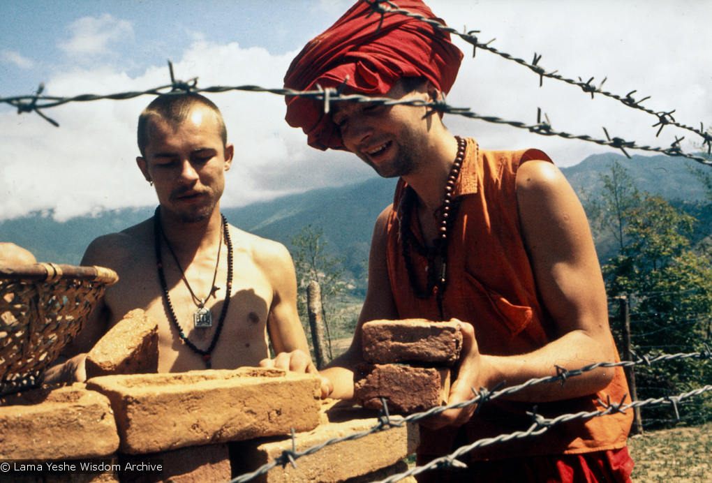 (15084_pr.psd) The first bricks to build Kopan Monastery, 1971 (The Monk on the right is named Dennis, the student to the left is Benni Last.)